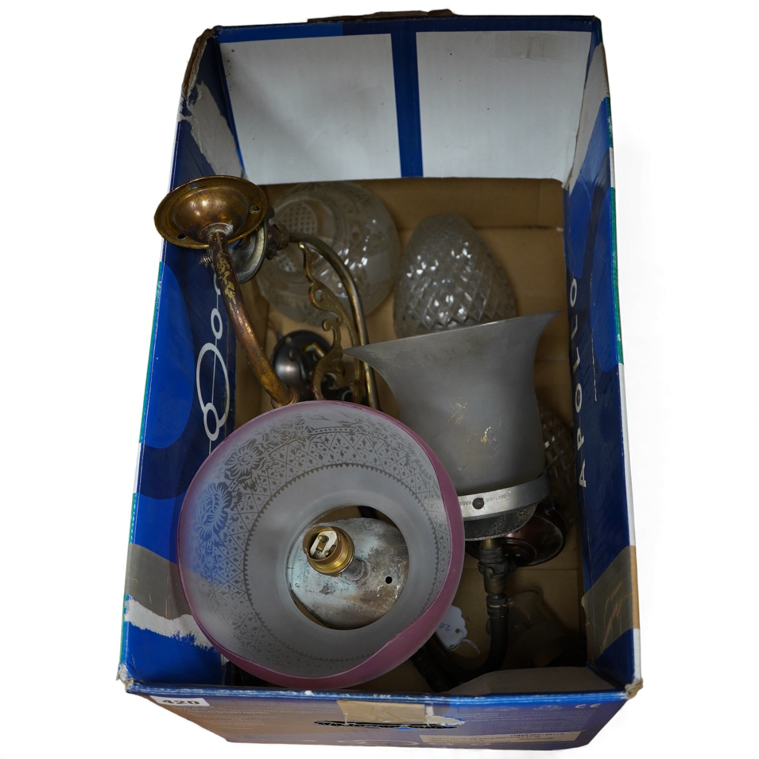 Five glass wall lights to include three cut glass shades and a frosted glass etched example